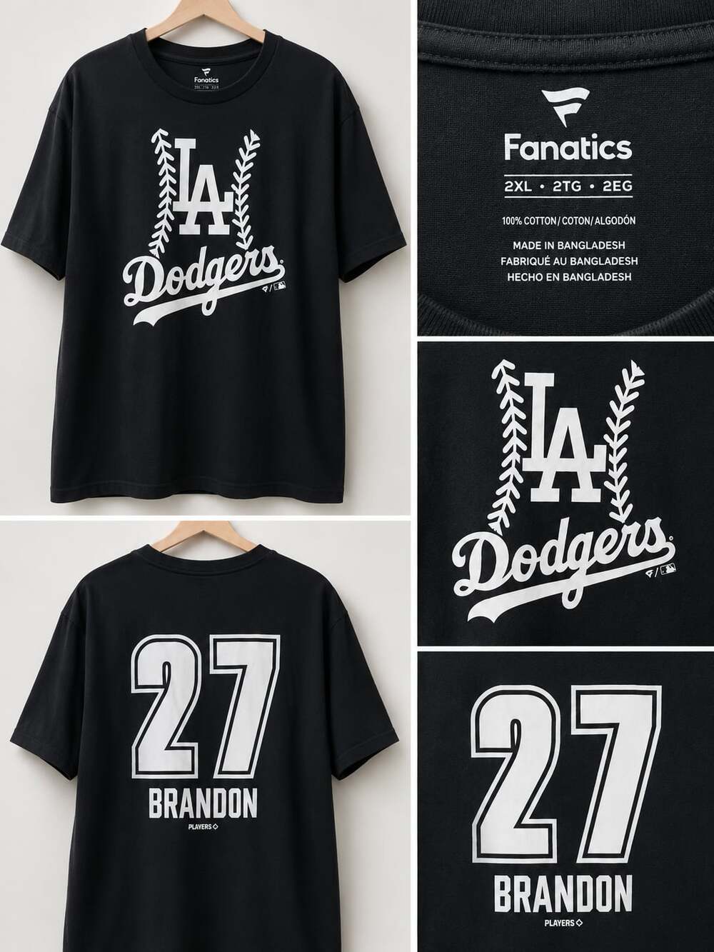 Los Angeles Dodgers MLB Brandon #27 T-Shirt Black White Unisex Adult Size 2XL